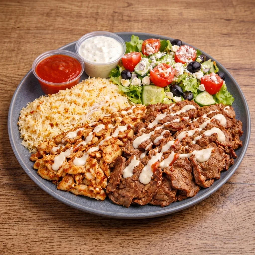 Donair rice platter with saffron rice, Greek salad and dipping sauces