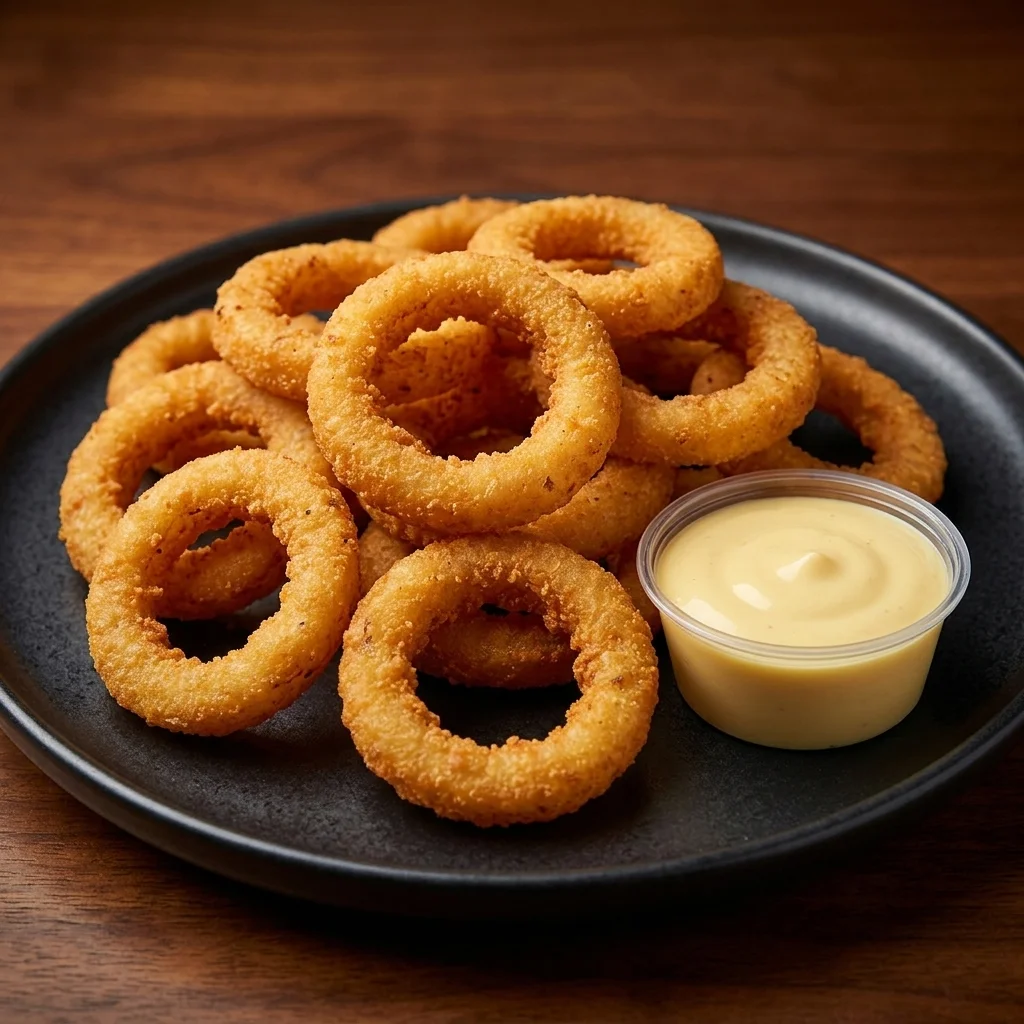 Crispy onion rings with a cup of dipping sauce