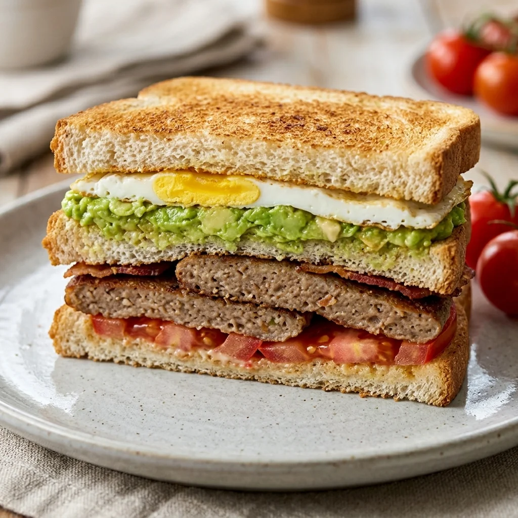 Toasted sandwich with beef patties, fried egg, avocado and tomato