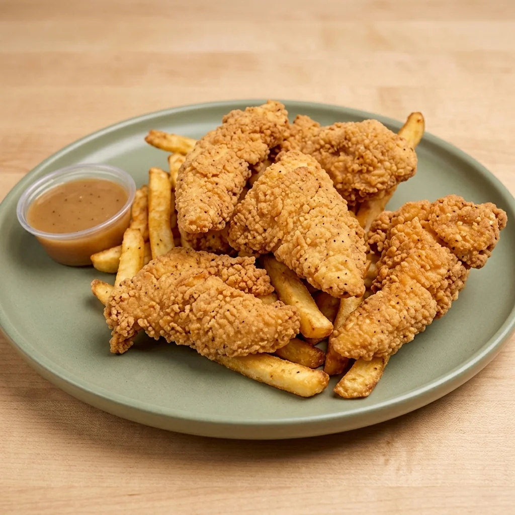 Breaded chicken strips with fries and a cup of plum sauce