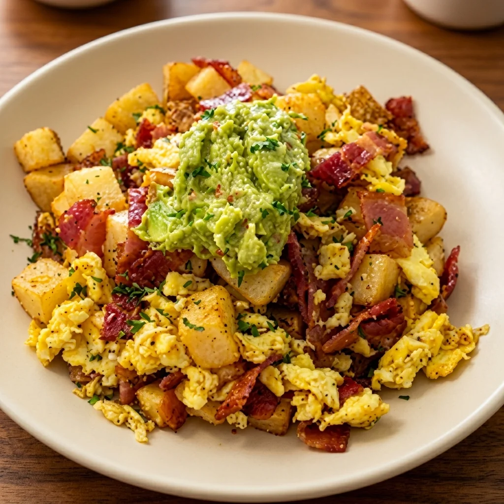 Breakfast scramble with eggs, potatoes, bacon and guacamole