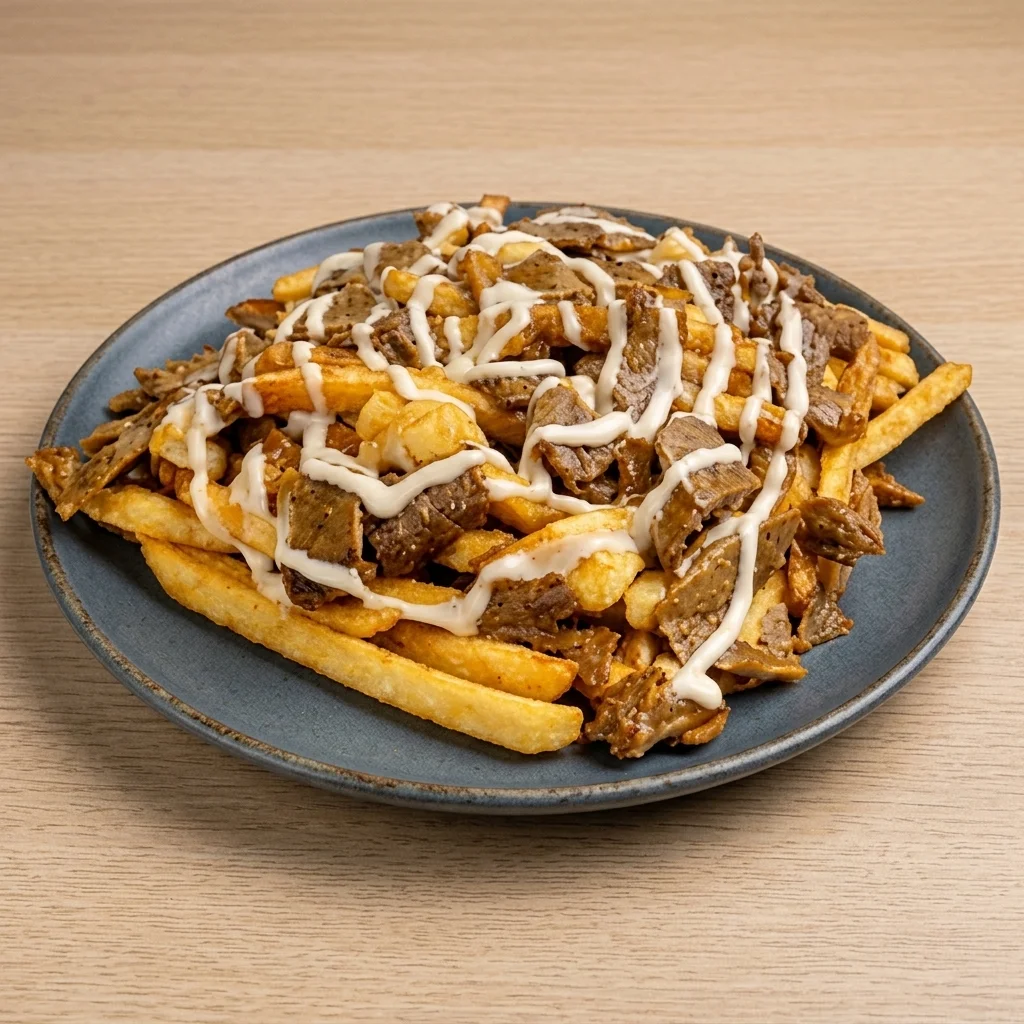 Donair poutine: fries with gravy, cheese curds, donair beef and a drizzle of sweet sauce